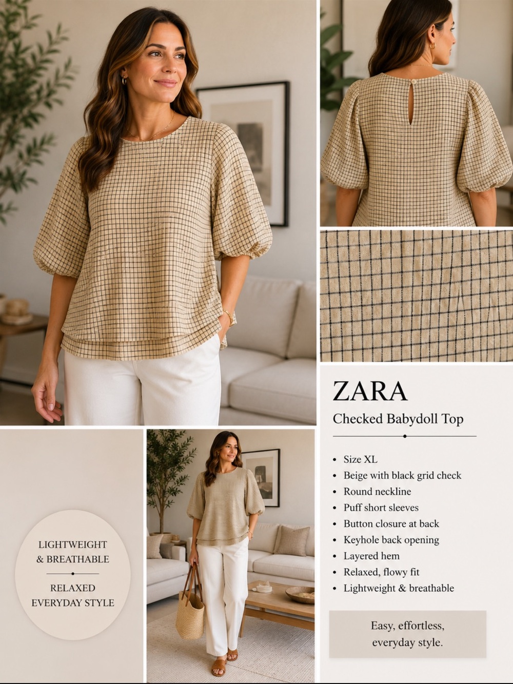 ZARA Beige Grid-Check Babydoll Top